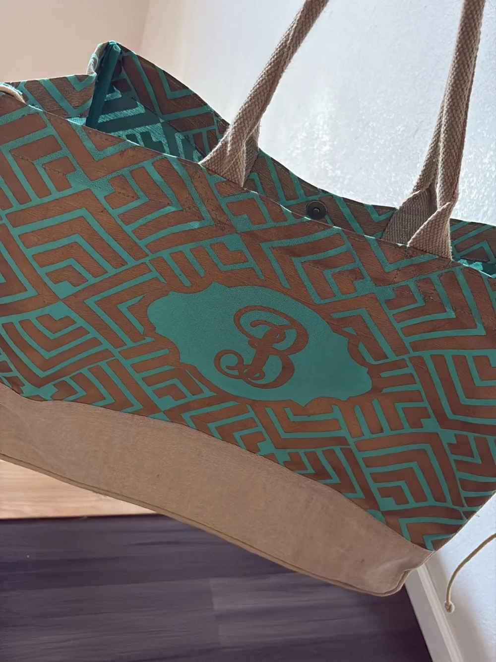 Monogrammed Teal and Tan Tote Bag